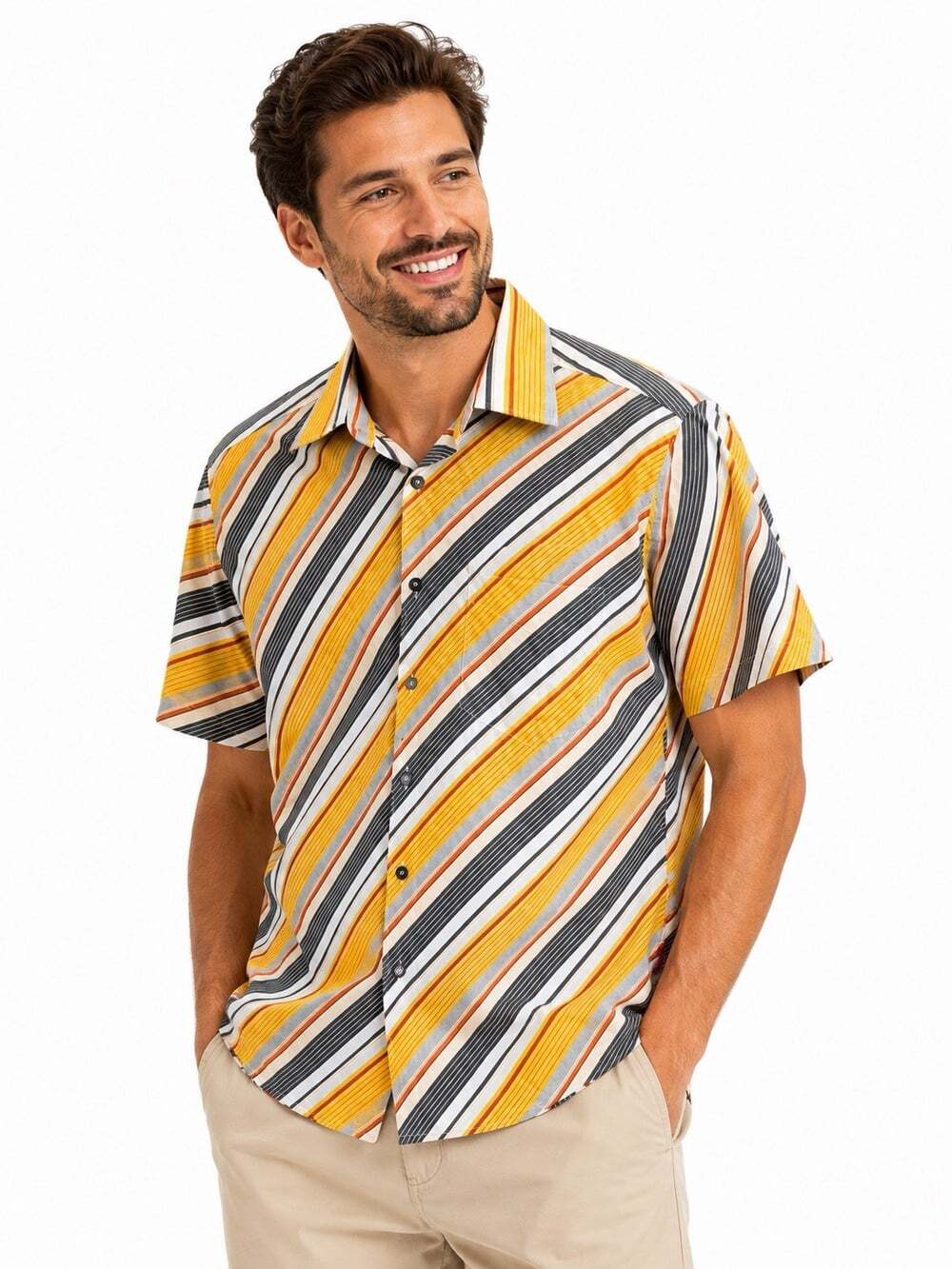 Esprit Men’s XL 100% Cotton Yellow Gray Striped Short Sleeve Button Up Shirt Y2K